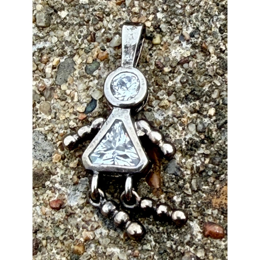 Sterling Silver Girl Pendant Charm Cubic Zirconia Trillion Round Beaded
